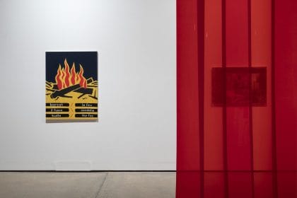 Installation view of 'On Fire: Climate and Crisis’, 2021, featuring work by Gordon Bennett, at the Institute of Modern Art, Brisbane. Courtesy the Estate of Gordon Bennett, Brisbane. Photo: Carl Warner.