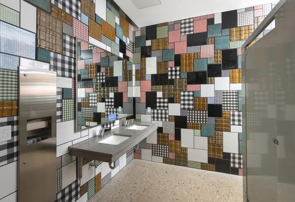 Detail of Michelle Grabner's Patterns and Practicalities washroom installation at the Art Preserve, 2021. Photo courtesy of John Michael Kohler Arts Center.