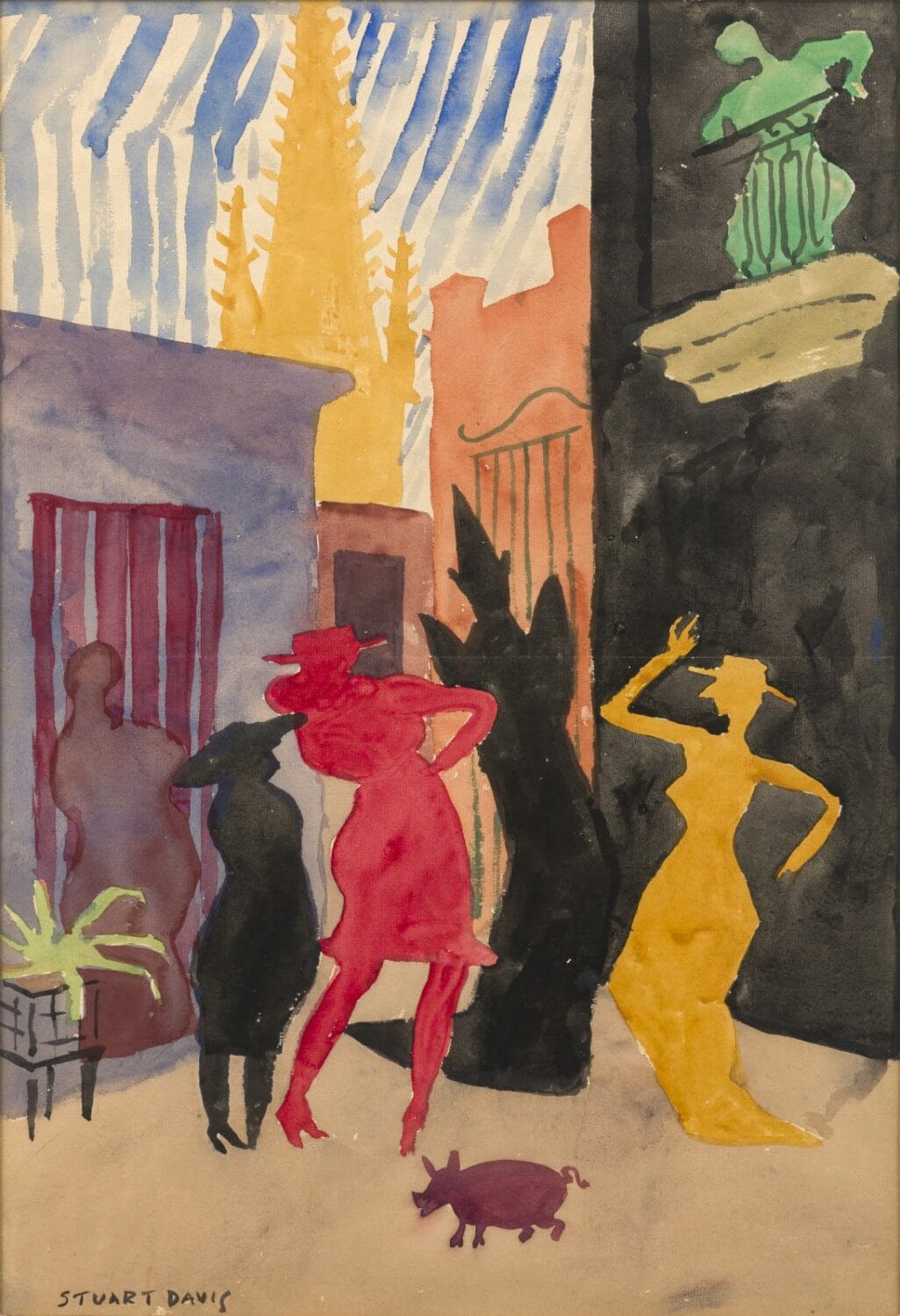 Dancers on Havana Street), 1920, watercolor on paper, 22 7/8 x 15 5/8 inches (sight), 58.1 x 39.7 cm, 24 15/16 x 19 inches (sheet), 63.2 x 48.3 cm. © 2021 Estate of Stuart Davis. / Licensed by VAGA at Artists Rights Society (ARS), NY.