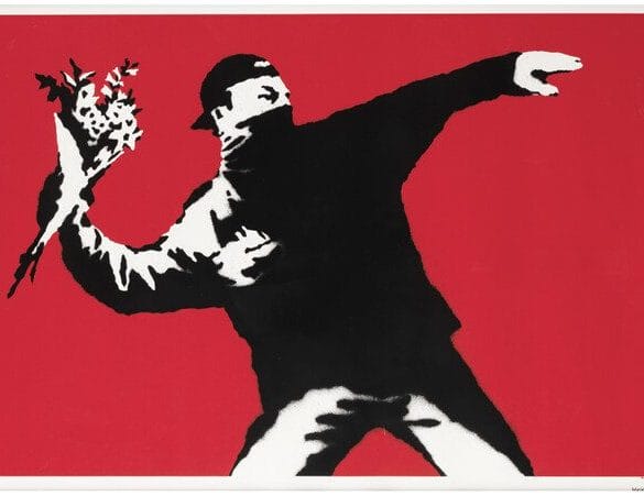 Banksy (Born 1974), Love is in the Air, screenprint in colours, 2003. Estimate: £300,000 - 500,000.