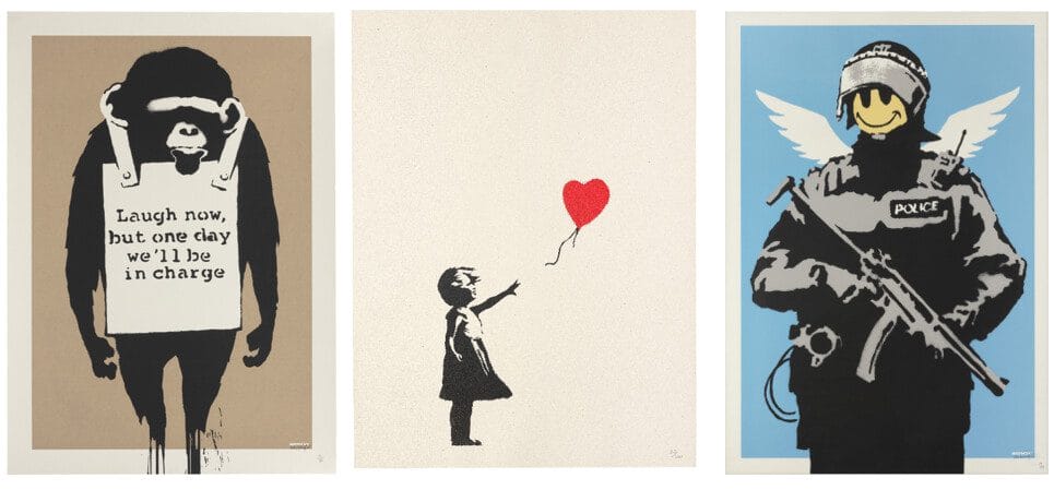 Left to right: Banksy (Born 1974), Laugh Now, screenprint in colours, 2004. Estimate: £70,000 - 100,000. Banksy (Born 1974), Girl with Balloon, screenprint in colours, 2004. Estimate: £120,000-180,000. Banksy (Born 1974), Flying Copper, screenprint in colours, 2004. Estimate: £70,000-90,000.