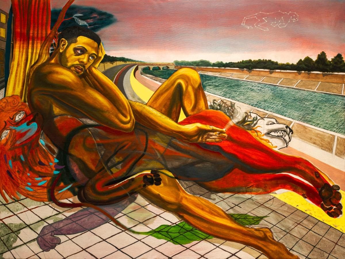 Erick Alejandro Hernández. By the Tiber, 2021. 43 1/4" x 57 1/2". Oil on Canvas