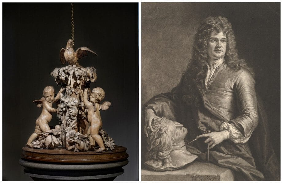 Left: Grinling Gibbons: Font Cover on loan from All Hallows by The Tower. Right: Grinling Gibbons.