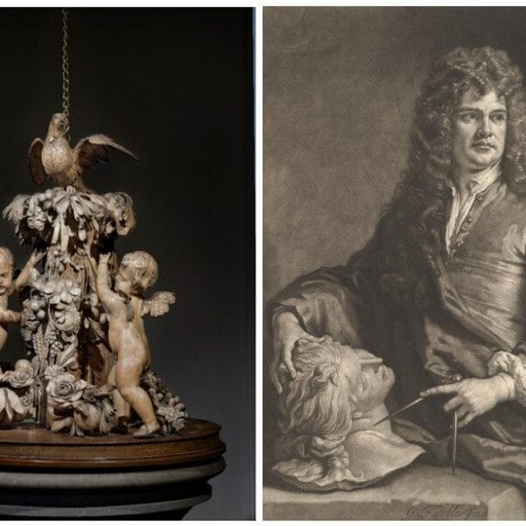 Left: Grinling Gibbons: Font Cover on loan from All Hallows by The Tower. Right: Grinling Gibbons.