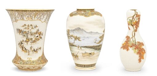 Right: A fine satsuma tall beaker vase, Meiji era. Estimate: £12,000-18,000.  Middle: A satsuma baluster vase, Meiji era. Estimate: £4,00-6,000.  Left: A miniature satsuma vase, Meiji era. Estimate: £800-1,200.