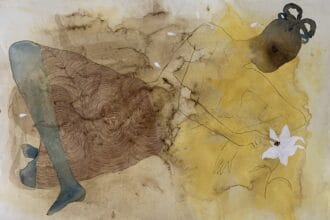 Petting a bumblebee, 2021, watercolour, coffee and turmeric on paper 140 x 100 cm