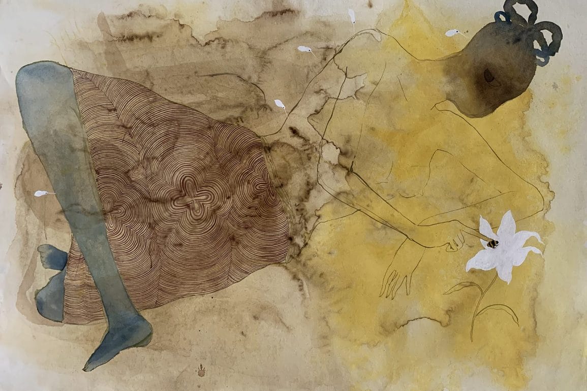 Petting a bumblebee, 2021, watercolour, coffee and turmeric on paper 140 x 100 cm
