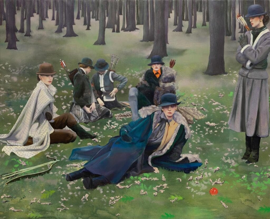 School of Archery (after Deborah Tuberville), 2021. Oil on canvas, 102 3/8 x 82 11/16 inches (260 x 210 cm).