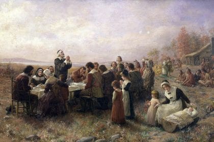 The First Thanksgiving at Plymouth por Jennie A. Brownscombe (1914)