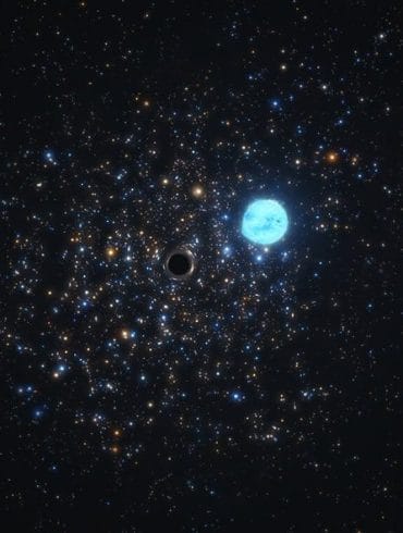 Concepto artístico del agujero negro detectado en NGC 1850 deformando a su estrella compañera. Crédito: ESO/M. Kornmesser
