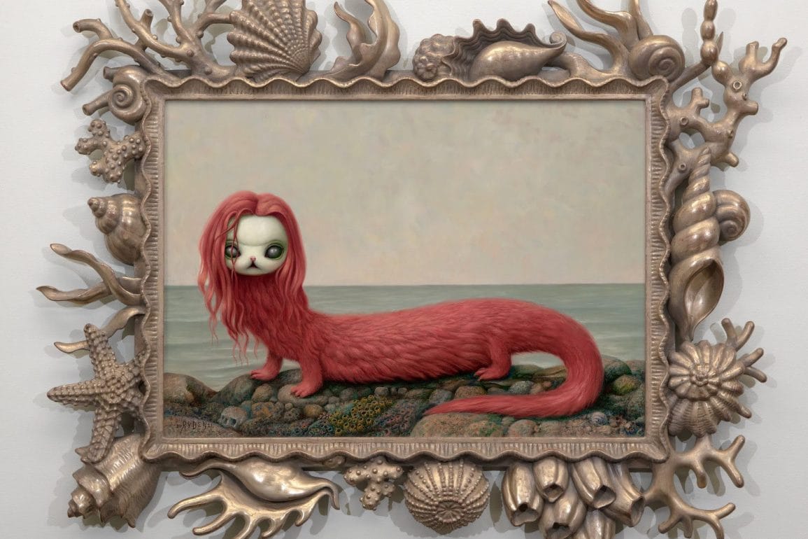 Mark Ryden, Red Siren (#156), 2021, oil on panel with carved and gilded wood frame, 17 x 24 inches, 43.2 x 61 cm; 28 x 36 x 2 inches, framed, 71.12 x 91.44 x 5 cm. Courtesy of the artist.