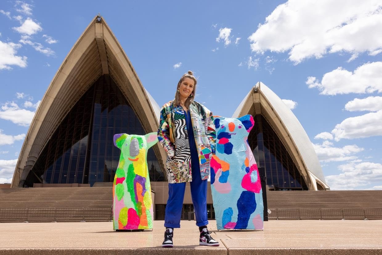 Artist Rosie Deacon and two of the koalas that will occupy the Centre for Creativity as part of House Warming Image credit: Daniel Boud