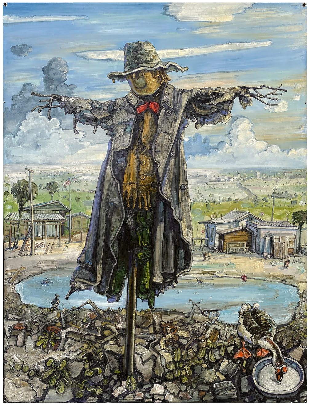 Amer Kobaslija, Scarecrow with Ducks, 2021. Oil on unstretched canvas with grommets, 81 x 61 inches.