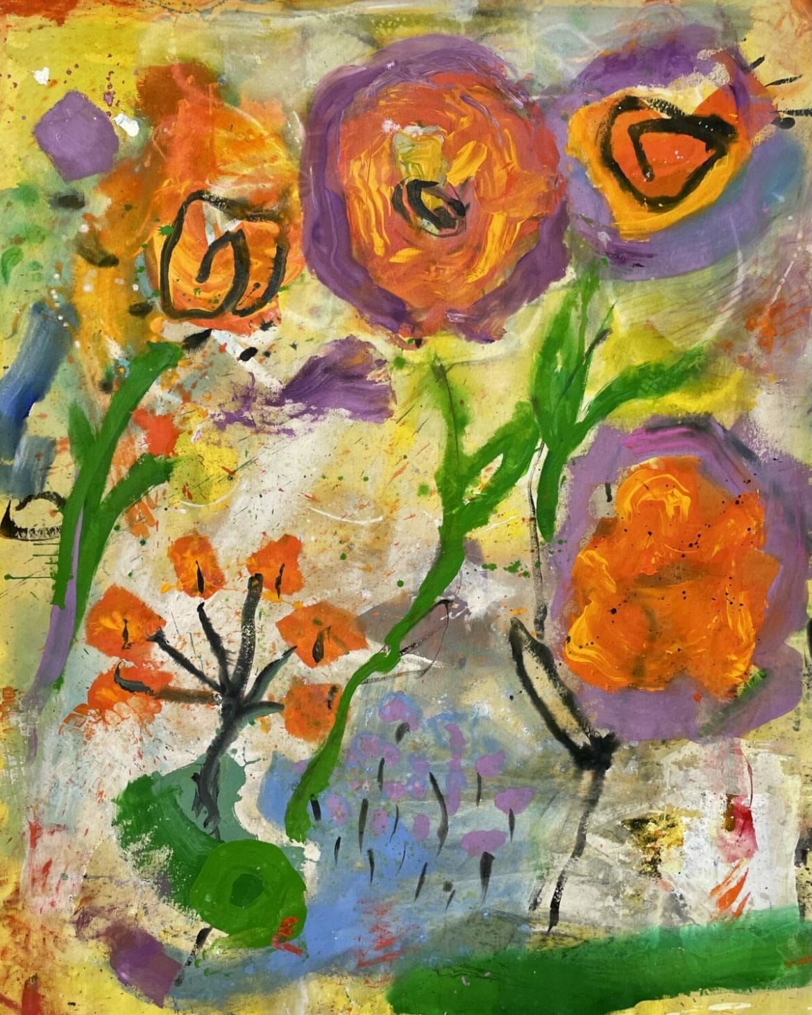 JANE BOOTH Orange Poppies Acrylic, Sumi Ink, Graphite Spray Paint, Watercolor Crayons on Canvas 78 x 64 inches