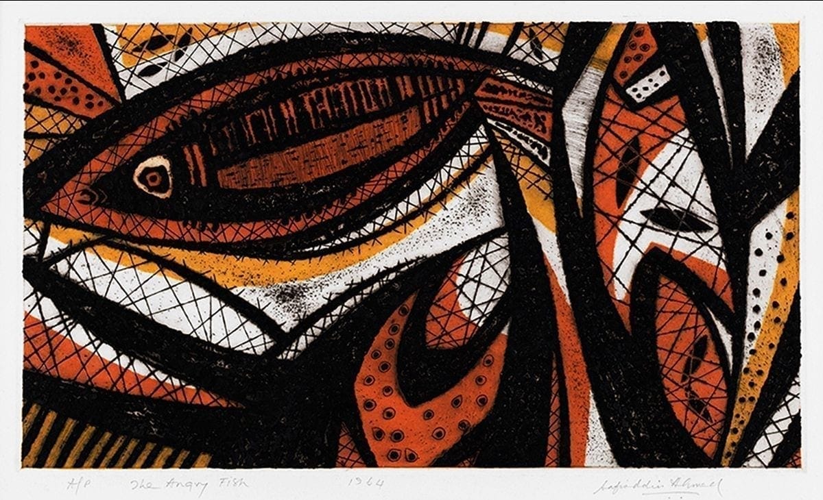 Safiuddin Ahmed, The Angry Fish (1964), etching and aquatint, 26 x 46 cm. Image courtesy of Ahmed Nazir.
