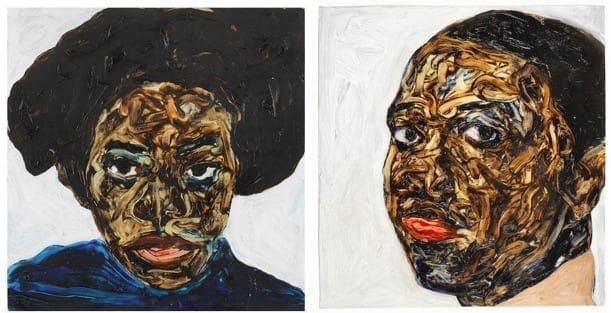 Left: Amoako Boafo (B. 1984), Portrait of a Young Lady, 2018. 30.5 x 30.2 cm. Estimate: £6,000 - 9,000 Right: Amoako Boafo (B. 1984), Portrait of a Young Man, 2018. 34.7 x 33.5 cm. Estimate: £6,000 - 9,000