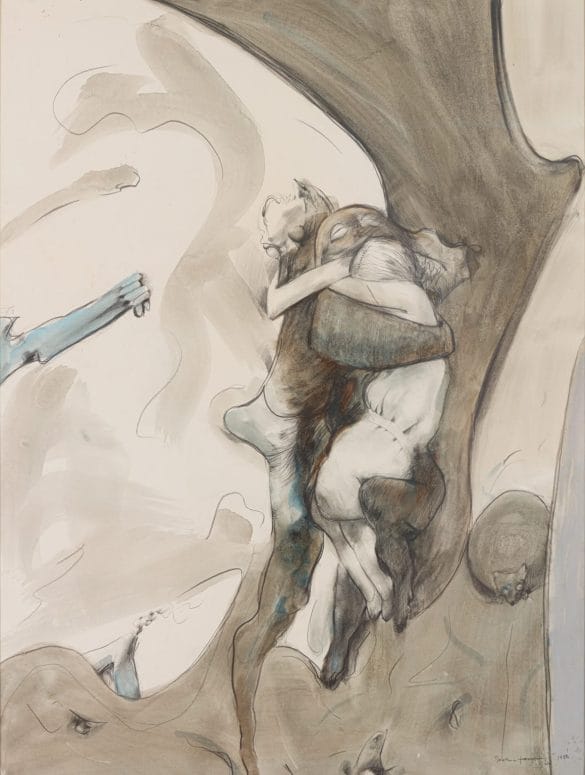 Dorothea Tanning, Different People, 1986, watercolor and graphite on paper, 40 x 30 inches, 101.6 x 76.2 cm. © 2020 Artists Rights Society (ARS), New York / ADAGP, Paris. Photography by Christopher Stach.
