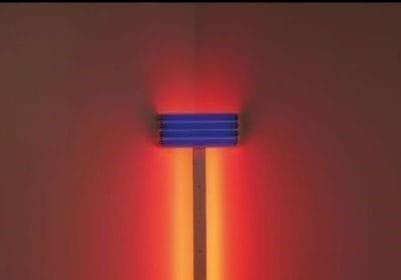 Dan Flavin, Untitled (for Prudence and her new baby), 1992, Ultraviolet and red fluorescent light, edition 3/5. Courtesy BASTIAN, © Stephen Flavin / Artists Rights Society (ARS), New York 2019
