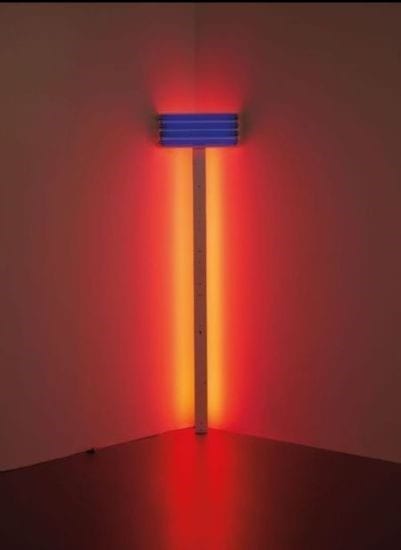 Dan Flavin, Untitled (for Prudence and her new baby), 1992, Ultraviolet and red fluorescent light, edition 3/5. Courtesy BASTIAN, © Stephen Flavin / Artists Rights Society (ARS), New York 2019