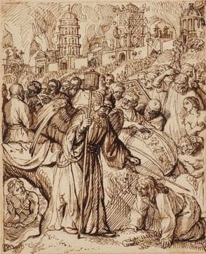 Rembrandt School (Dutch, 17th Century), The Angel Saves Lot and His Family, c. 1660. Pen and brown ink on buff paper, red chalk framing lines. 159 x 129 mm.