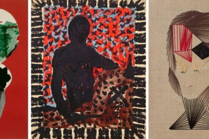 Left: Jean Arp, "Faole", 1960. Collage on paper, 58 x 35 cm Center: A.R. Penck, "TM Mike Hammer", 1974. Dispersion on canvas, 61.5 x 50.5 cm Right: Enrico David, "Untitled", 2020. Cotton thread on linen, 50 x 40 cm