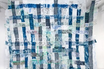 Fran Siegel, Henri's Open Fortress, 2018/19, pigment on cotton scrim (3 densities), indigo dye on burlap, cyanotype, drawings and frottage on paper, cut drafting film, sewing, and collage woven through plastic grid and construction barrier, 120 x 150 in.