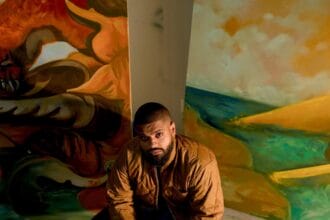 Asif Hoque in his Studio, 2022, photo by Isaac Campbell