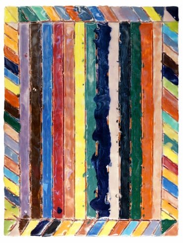 Polly Apfelbaum, Joseph's Coat Abstract 2021, 51 ½” x 37 ½” x 1 ½”., Terracotta and glaze. Courtesy of the artist and Arcadia Exhibitions.
