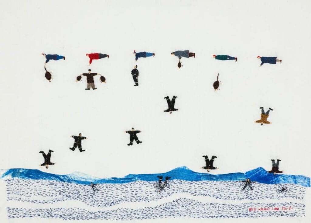 Britta Marakatt-Labba, Girdi noaiddit/Flying Shamans (2011–2021). Embroidery, 60 x 76 cm. Courtesy collection of the artist.
