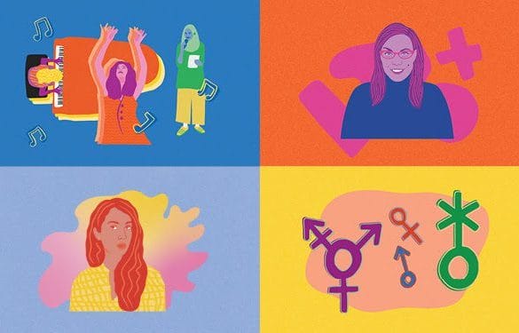 Four different colourful illustrations appear in a grid. The first illustration depicts several women – one is playing piano, one is dancing and the third woman is reading poetry; the second illustration is of a woman in her fifties with glasses and medium length hair; the third illustration is of a woman in her thirties with long wavy hair; and the last illustration is of various gender symbols. Illustrator credit: Jessica Johnson, Nungala Creative