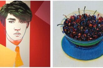 From left to right: Andy Warhol, Ryuichi Sakamoto, est. $500/700,000; Wayne Thiebaud, Cherries #1,1981, est. $1.5/2 million