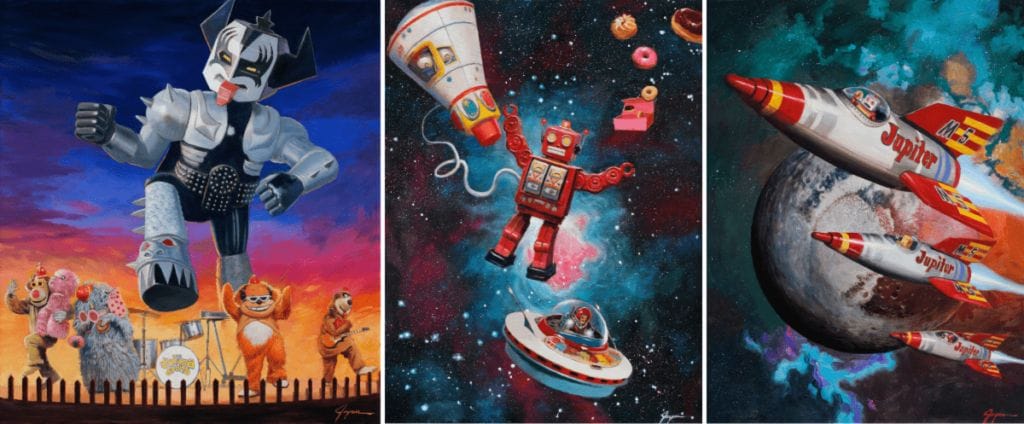 L-R: “Kiss the Demon” (oil on canvas, 20” x 27”), “Spacewalk” (oil on canvas panel, 16” x 12”), and “Jupiters 3” (oil on canvas panel, 24” x 18”)