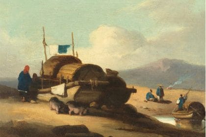 A Tanka boat dwelling with Tanka boatwomen and pigs, Macau, by George Chinnery. Estimate: £15,000-20,000