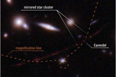 This detailed view highlights the star Earendel's position along a ripple in space-time (dotted line) that magnifies it and makes it possible for the star to be detected over such a great distance—nearly 13 billion light-years. Also indicated is a cluster of stars that is mirrored on either side of the line of magnification. The distortion and magnification are created by the mass of a huge galaxy cluster located in between Hubble and Earendel. The mass of the galaxy cluster is so great that it warps the fabric of space, and looking through that space is like looking through a magnifying glass—along the edge of the glass or lens, the appearance of things on the other side are warped as well as magnified. Credits: Science: NASA, ESA, Brian Welch (JHU), Dan Coe (STScI); Image processing: NASA, ESA, Alyssa Pagan (STScI)