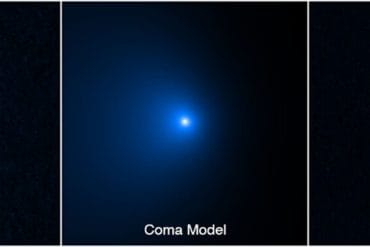 Esta secuencia muestra cómo el núcleo del cometa C/2014 UN271 (Bernardinelli-Bernstein) fue aislado de una vasta capa de polvo y gas que rodea el núcleo helado sólido. Credits: NASA, ESA, Man-To Hui (Macau University of Science and Technology), David Jewitt (UCLA); Image processing: Alyssa Pagan (STScI)