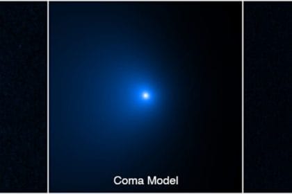 Esta secuencia muestra cómo el núcleo del cometa C/2014 UN271 (Bernardinelli-Bernstein) fue aislado de una vasta capa de polvo y gas que rodea el núcleo helado sólido. Credits: NASA, ESA, Man-To Hui (Macau University of Science and Technology), David Jewitt (UCLA); Image processing: Alyssa Pagan (STScI)