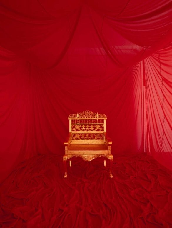 James Lee Byars, “The Chair for the Philosophy of Question”, 1996 Antique Tibetan chair, gilded, 63 x 63 x 46 inches (160 x 160 x 117 cm)