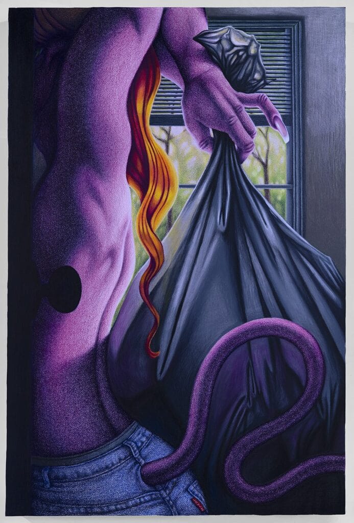 Adam Linn. Collector, 2022. Colour pencil and pastel on paper mounted panel. 91.4 by 61 cm.