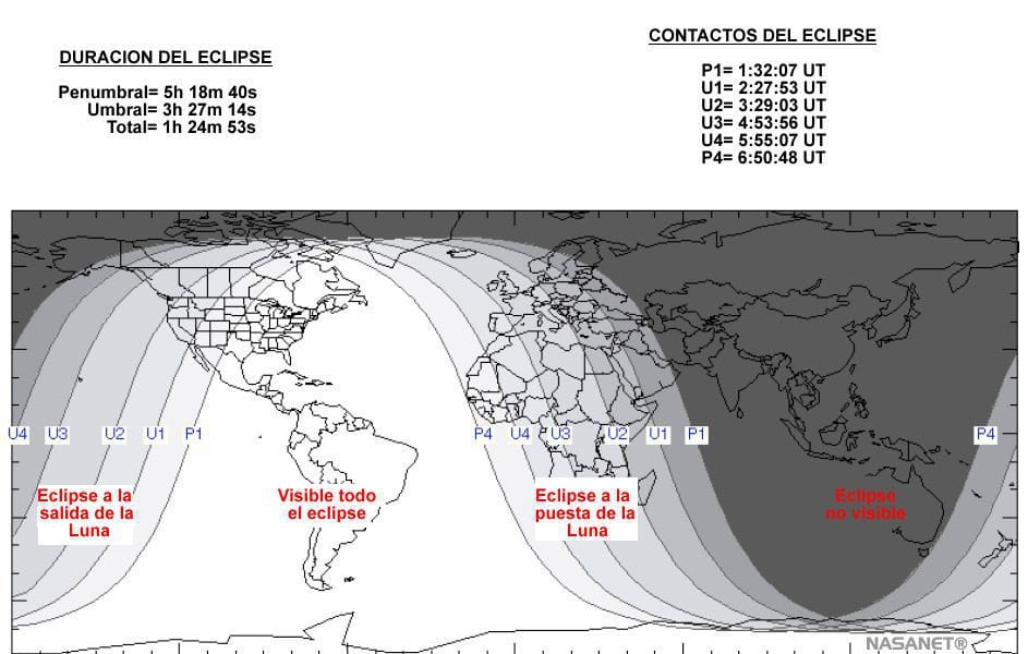 Mapa de los lugares donde se podrá observar el eclipse lunar. Image Credit: NASANET/NASA