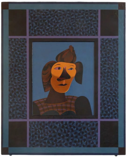 Jim Nutt, M., 1987. Acrylic on Masonite, and papier-ma?che? covered wood frame; 27 1/2 x 22 1/2 in (69.8 x 57.1 cm) The Collection of Eleanor Heyman Propp.