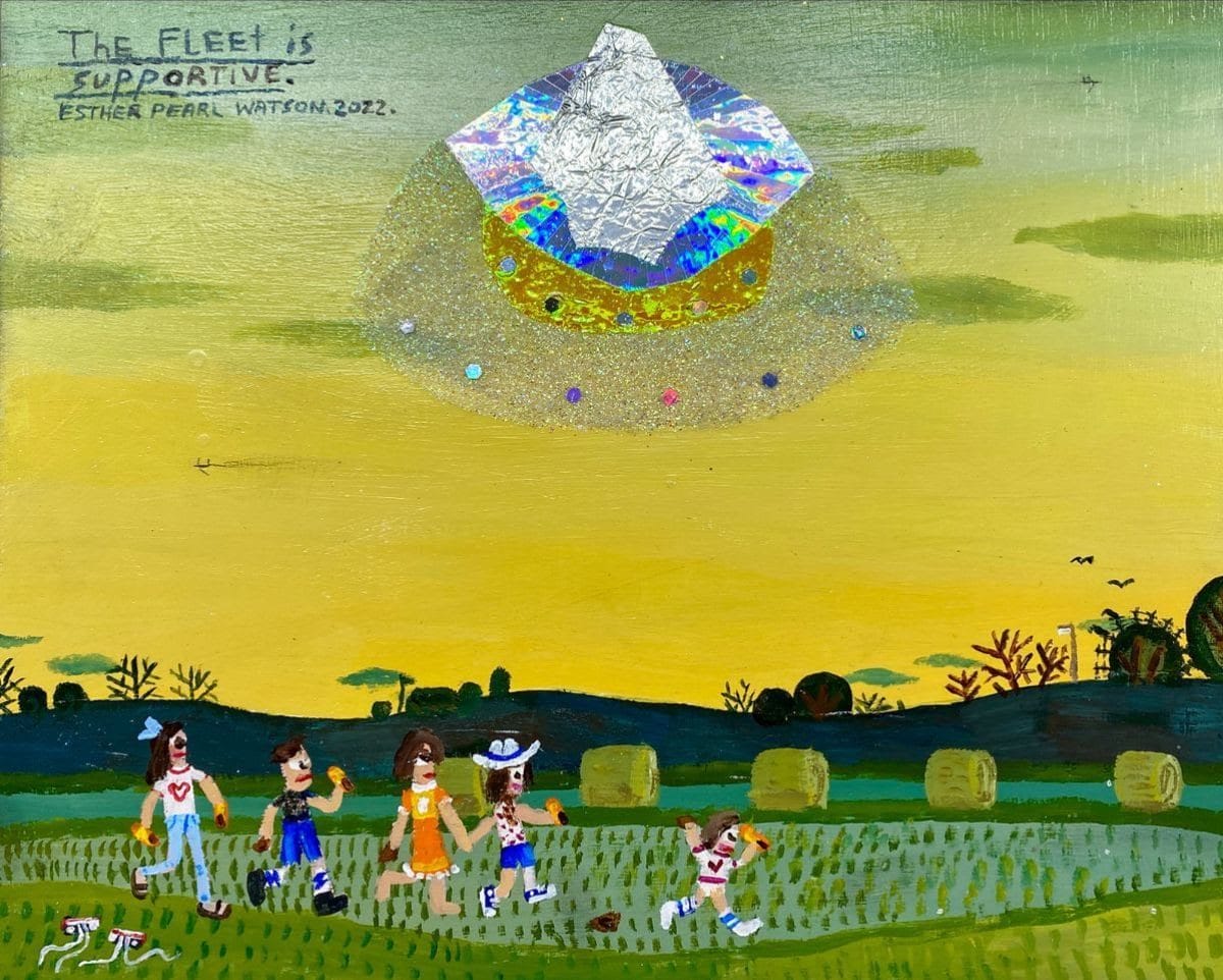 Esther Pearl Watson, The Fleet is Supportive, 2022, paint on panel, 20.3 × 25.4 cm