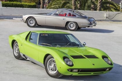 1969 Lamborghini Miura P400S (front), estimate $1,750,000-2,250,000 and its sibling 1966 Lamborghini 350 GT, estimate $550,000-750,000
