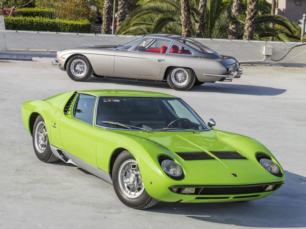 1969 Lamborghini Miura P400S (front), estimate $1,750,000-2,250,000 and its sibling 1966 Lamborghini 350 GT, estimate $550,000-750,000