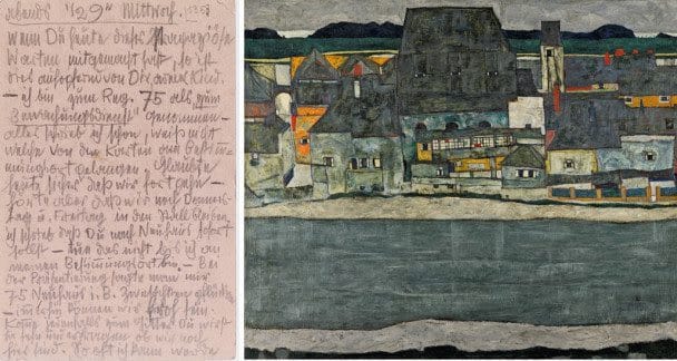 Egon Schiele, Carta a Edith, junio de 1915. Colección Anne-Marie Springer. / Egon Schiele, Casas junto al río. La ciudad vieja, 1914. Museo Nacional Thyssen-Bornemisza.