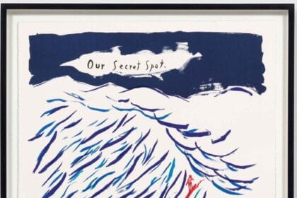 Raymond Pettibon No Title (Our Secret Spot.), 2022 Six-color lithograph on Rives BFK paper 44 3/4 × 30 3/4 inches 113.7 × 78.1 cm Edition of 35, 10 AP, 4 PP, 1 BAT Signed, dated, and numbered recto Printed by Derriere L’Etoile Studios, New York Published by Utopia Editions