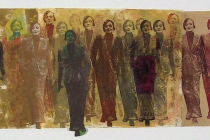 Nancy Spero Marlene, 2002 Handprinted collage on paper 21 x 72.25 inches (53.3 x 183.5 cm) © The Nancy Spero and Leon Golub Foundation for the Arts Licensed by VAGA at Artists Rights Society (ARS), NY Courtesy Galerie Lelong & Co.