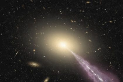 Representación artística de una galaxia gigante con un chorro altamente energético. Crédito: ALMA (ESO/NAOJ/NRAO)