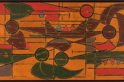 Oswaldo Vigas, Proyecto para Mural en Naranja, 1953, Oil on paper fixed on Masonite. Image courtesy of Galería RGR and the artist.