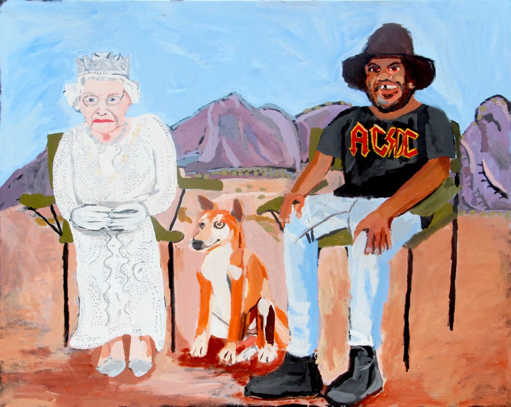Vincent Namatjira. Elizabeth and Vincent (on Country), 2021.  Acrylic on linen. 48 x 60 inches. © Vincent Namatjira/ Courtesy the artist and Fort Gansevoort