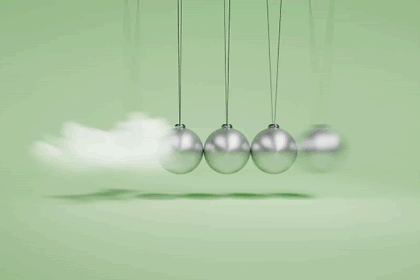 A Newton’s Cradle with four silver spheres against a pale green background. A small cloud swings to the left, in place of the fifth sphere.